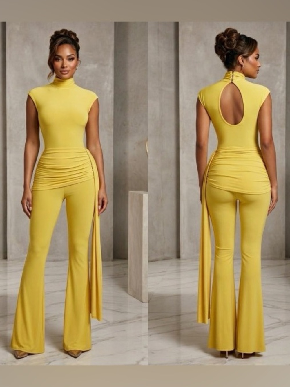 YELLOW High-Neck Jumpsuit with Side Drape